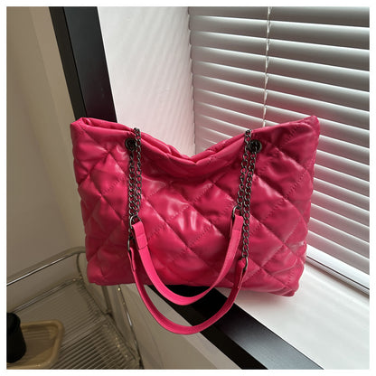 Women Fashionable Solid Color Rhombic Large Capacity Chain PU Tote Bag