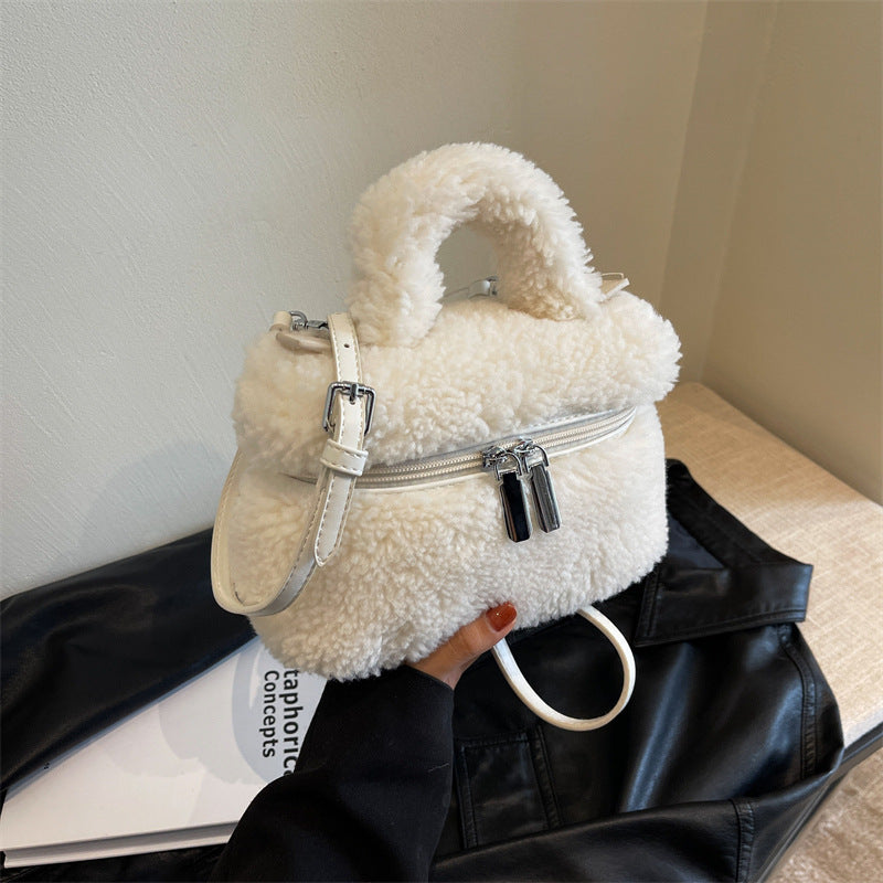 Sac à bandoulière en peluche à fermeture éclair de couleur unie pour femme, mode automne et hiver 