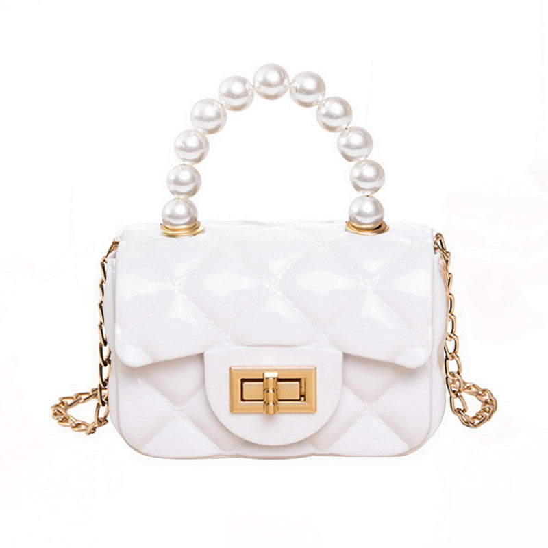 Women Elegant Mini Flap Buckle Design Pearl Decoration Solid Color PU Crossbody Bag