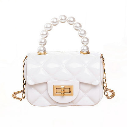 Women Elegant Mini Flap Buckle Design Pearl Decoration Solid Color PU Crossbody Bag