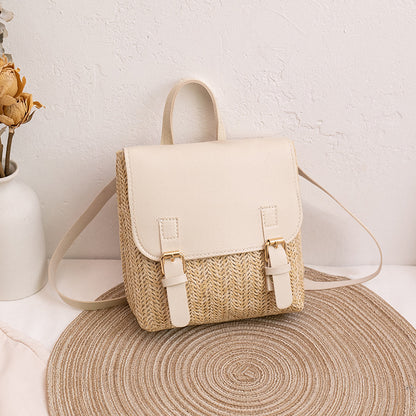 Women Fashion Simple Vacation Beach Large Capacity Straw Woven Magnetic Button Flap Backpack