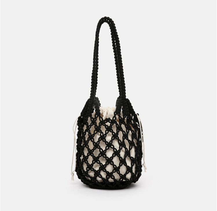 2 In 1 Beach Handbag Hollow Mesh Women Pastoral Design Solid Color Woven Shoulder Handle Bag