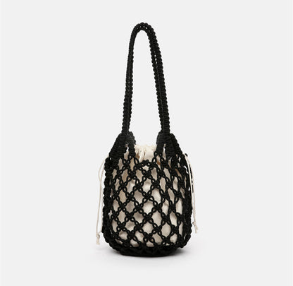 2 In 1 Beach Handbag Hollow Mesh Women Pastoral Design Solid Color Woven Shoulder Handle Bag