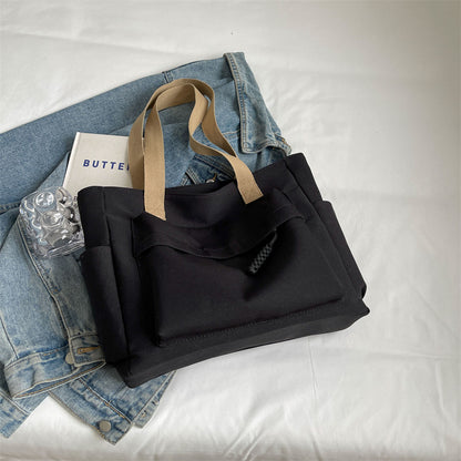 Women Casual Solid Color Large Capacity Multi-Pocket Canvas Tote Bag