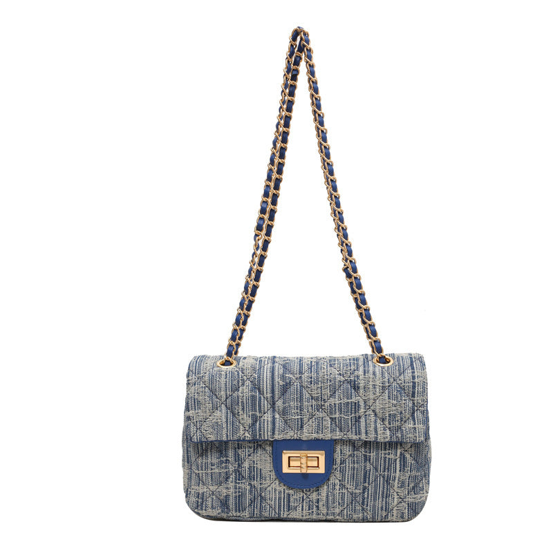 Women Fashion Casual Plaid Denim Chain Crossbody Bag