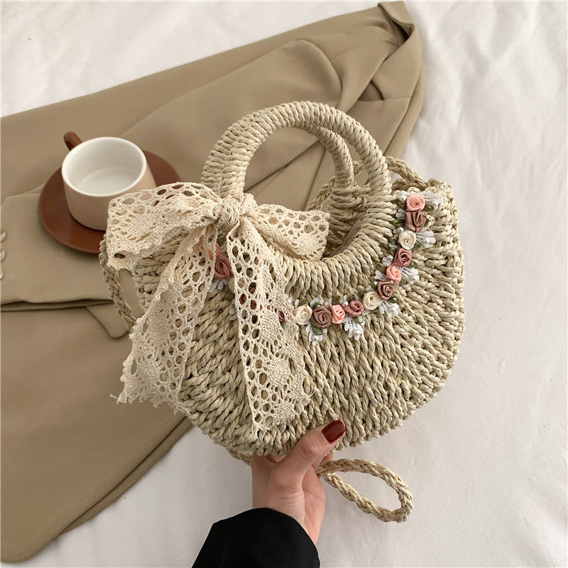 Women Fashion Casual Floral Woven Beach Handbag