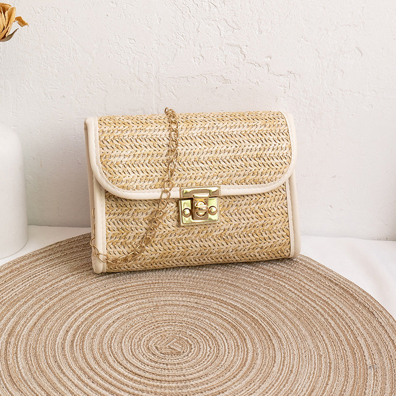 Women Fashion Casual Vacation Beach Magnetic Buckle Flap Chain Square Straw Woven Crossbody Bag