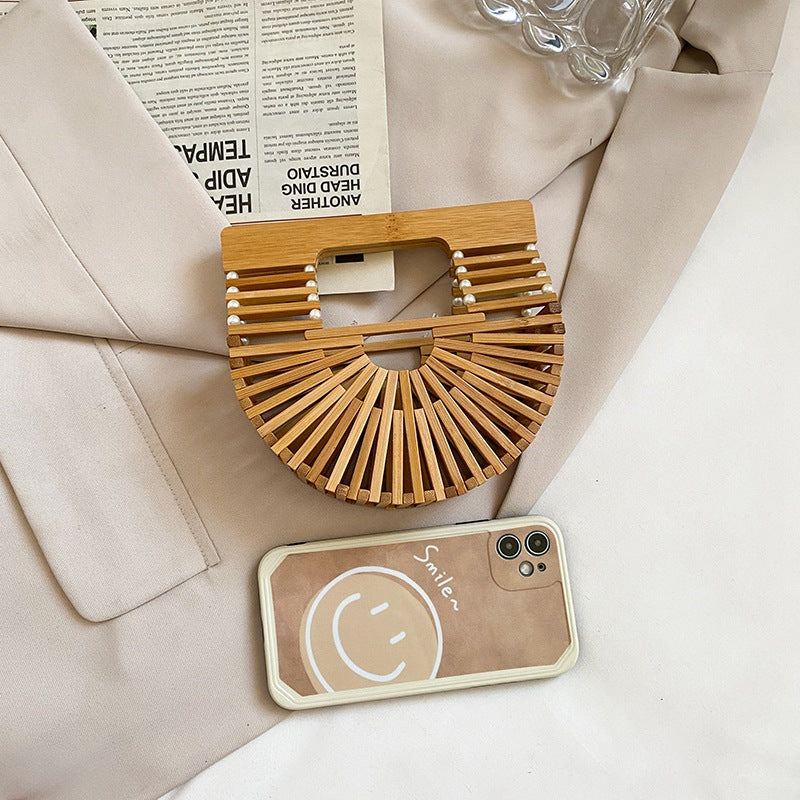 Women Fashion Bamboo Weaving Pearl Pop Straw Saddle Handbag