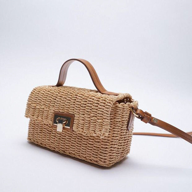 Women Casual Flap Buckle Weave Design Straw Crossbody Bag