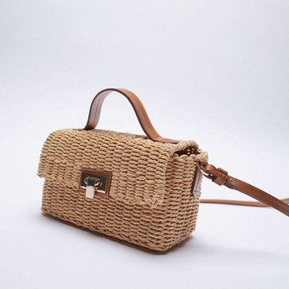 Women Casual Flap Buckle Weave Design Straw Crossbody Bag