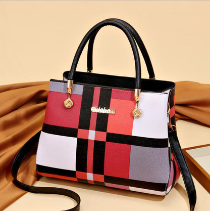 Women Elegant Color Blocking Large Capacity PU Handle Bag