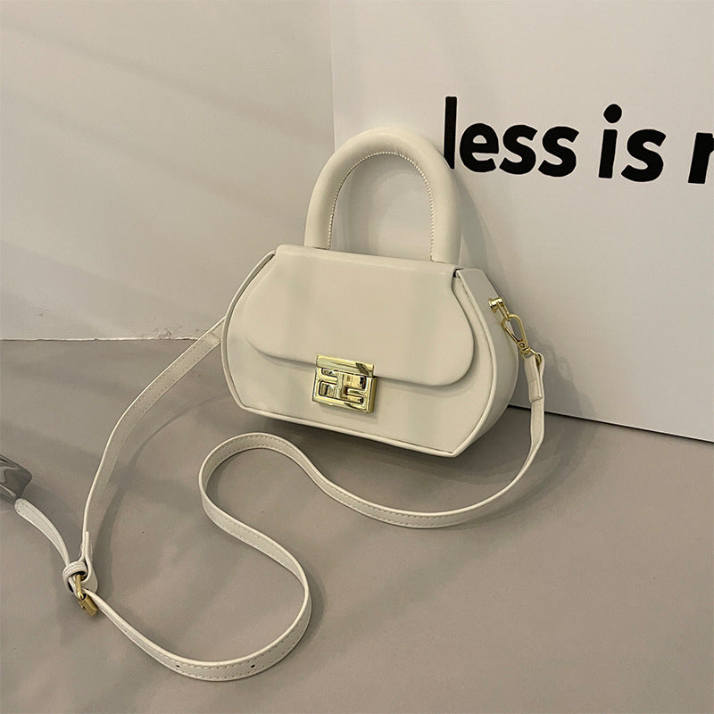 Women Fashionable Solid Color Flap Lock Shaped Handle Crossbody Bag