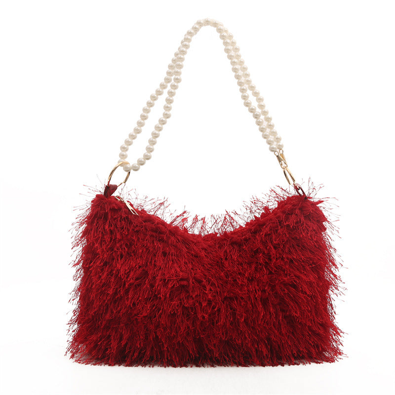 Fashion Solid Color Plush Pearl Chain Shoulder Bag