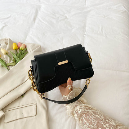 Women'S Fashion Contrast Color Metal Buckle Chain Shoulder Solid PU Square Bag