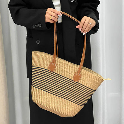 Summer Women Fashionable Stripe Straw Woven Large Capacity Tote Bag