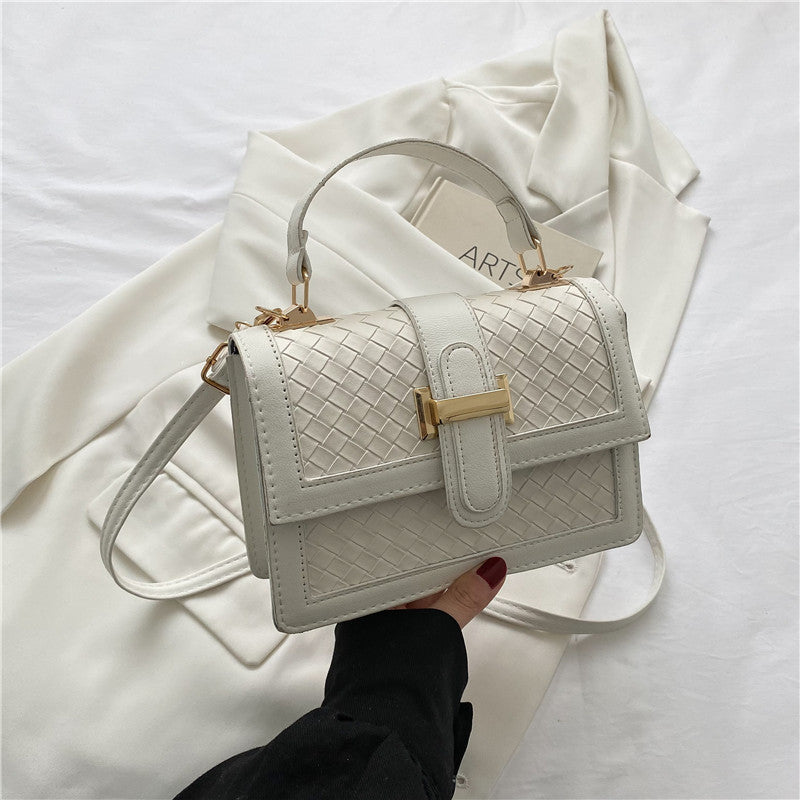 Women Fashion Solid Color Woven Rhomboid Flap PU Crossbody Bag
