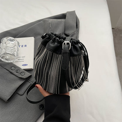 Women Fashion Casual Solid Color Tassels Bucket Shoulder Bag