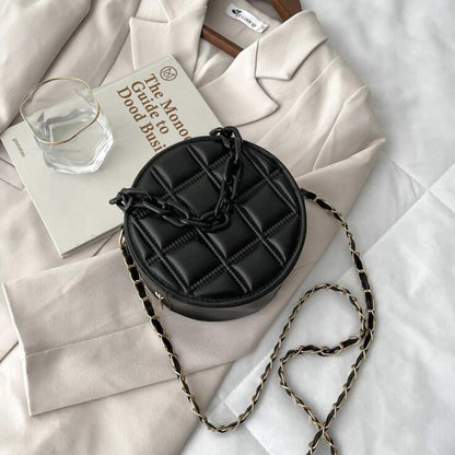 Sac à bandoulière rond en PU pour femme, joli sac à chaîne avec fermeture éclair, couleur unie, motif écossais gaufré 