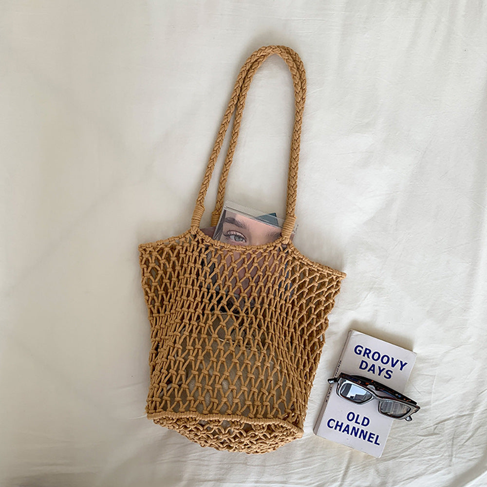 Women Casual Solid Color Hollow Woven Large Capacity Tote Shoulder Bag