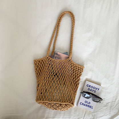 Women Casual Solid Color Hollow Woven Large Capacity Tote Shoulder Bag