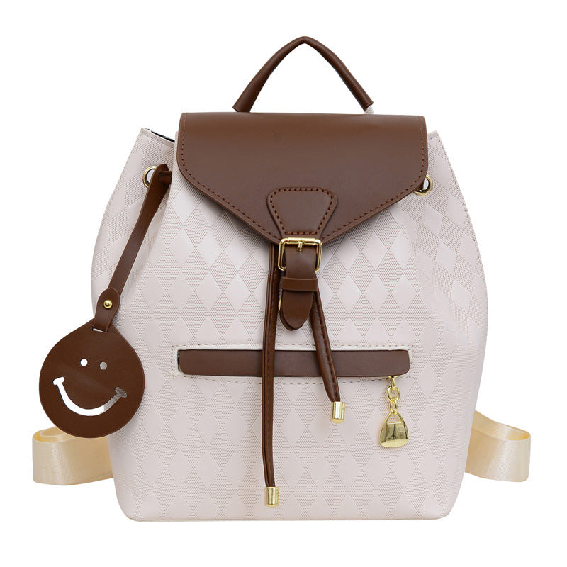 Women Fashion Rhombic Printed Smiley Face Pendant Large Capacity Backpack