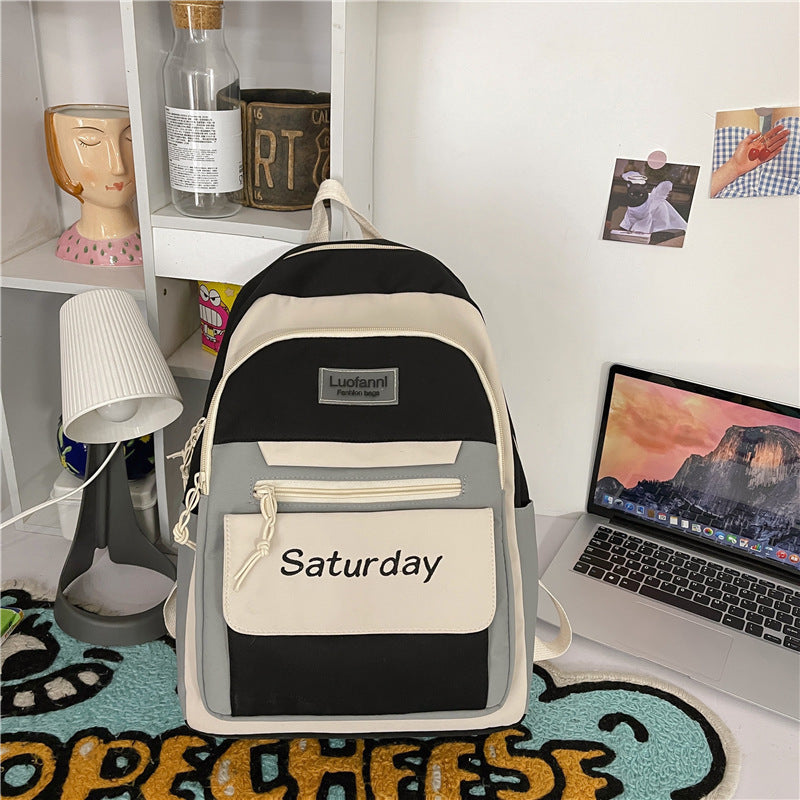 Women Casual Multi Pocket Design Letter Pattern Color Blocking Canvas Large Capacity Backpack