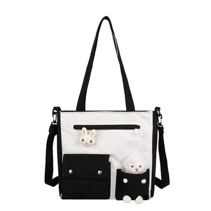 Women Cute Cartoon Doll Decoration Pocket Design Color Blocking Canvas Shoulder Bag