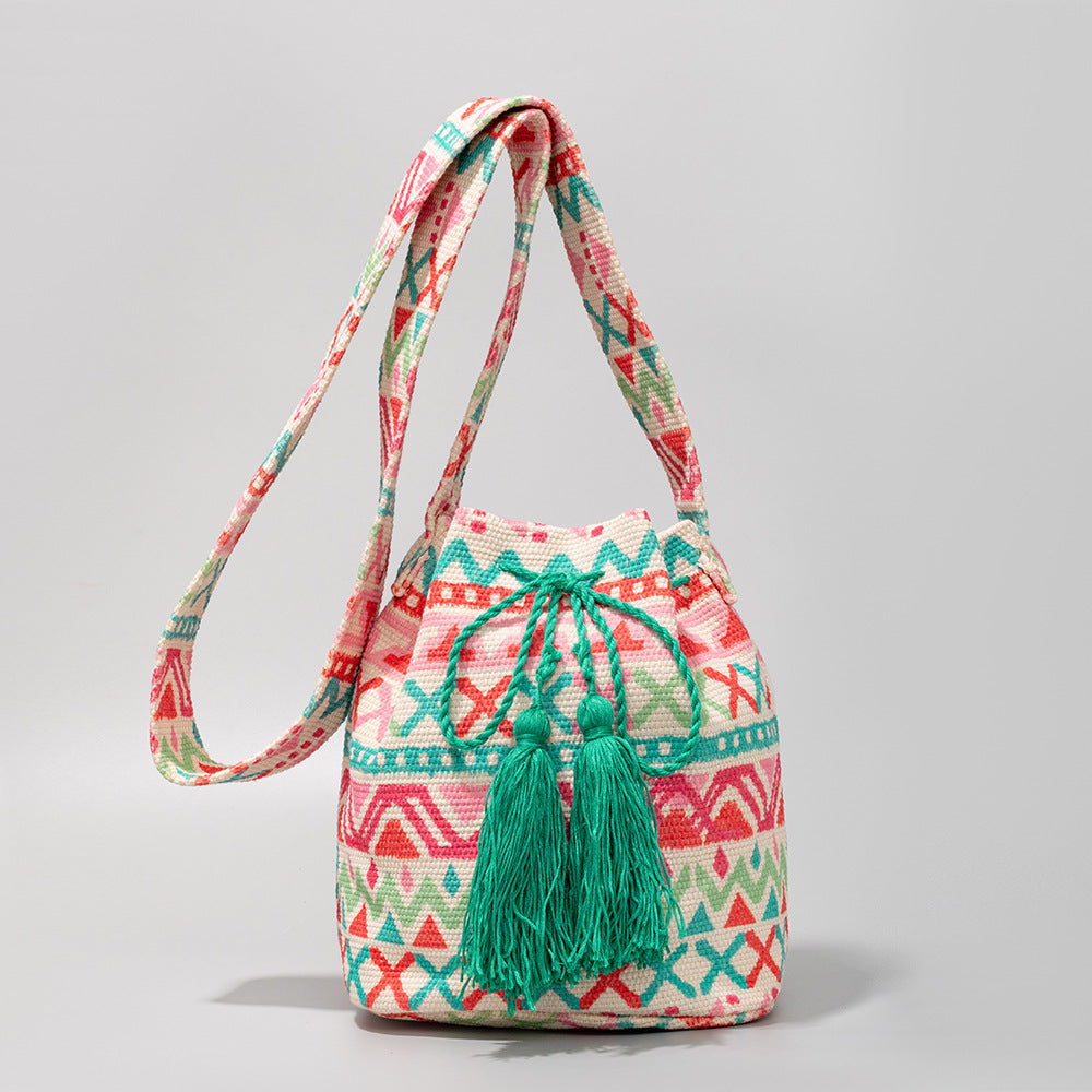 Women Bohemian Ethnic Style Jacquard Knitted Tassel Pendant Bucket Shoulder Bag