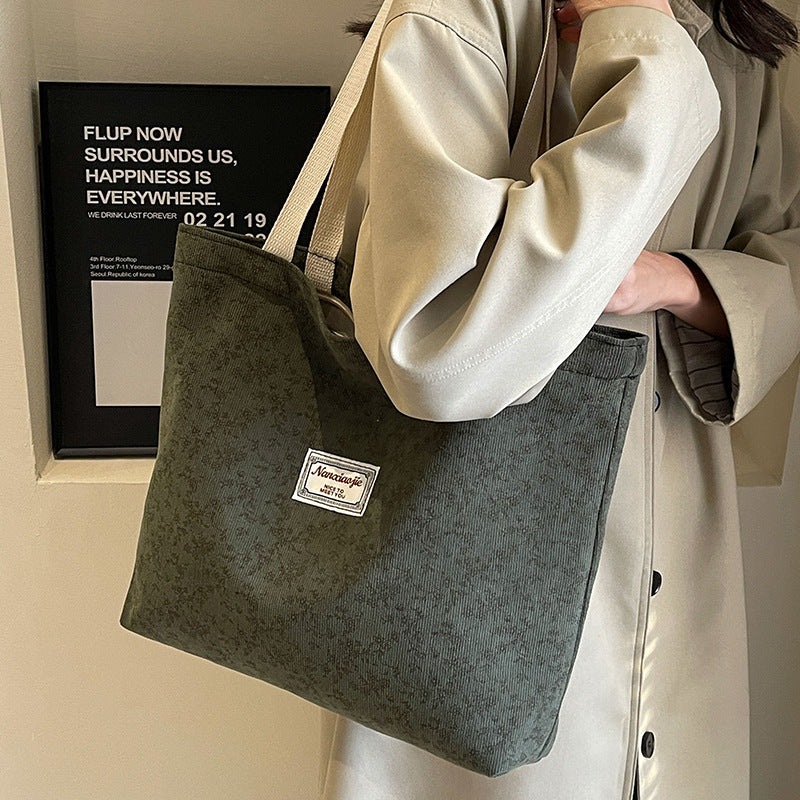 Women Fashion Casual Corduroy Floral Printed Large-Capacity Tote Bag
