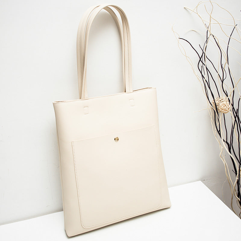 Women Fashion Basic Magnetic Buckle Zipper Design Solid Color Large Capacity PU Tote Bag