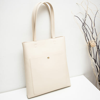 Women Fashion Basic Magnetic Buckle Zipper Design Solid Color Large Capacity PU Tote Bag