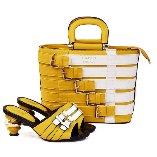Fashion Women Color Blocking Peep Toe High Heel Slippers And PU Tote Bag Set