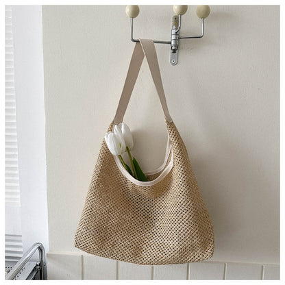 Women Casual Solid Color Woven Large Capacity Tote Bag