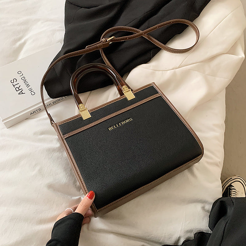 Women Chic Letter Embossing Color Blocking Large Capacity PU Handle Bag