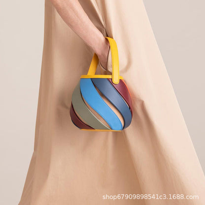 Women Fashion Casual PU Rainbow Stripe Color Blocking Bucket Clutch Bag
