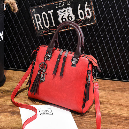 Sac fourre-tout à bandoulière vintage en PU de grande capacité pour femme, motif pompon, couleur unie 