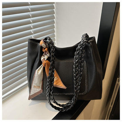 Women Fashionable Solid Color Silk Scarf Decorative Large Capacity PU Tote Bag