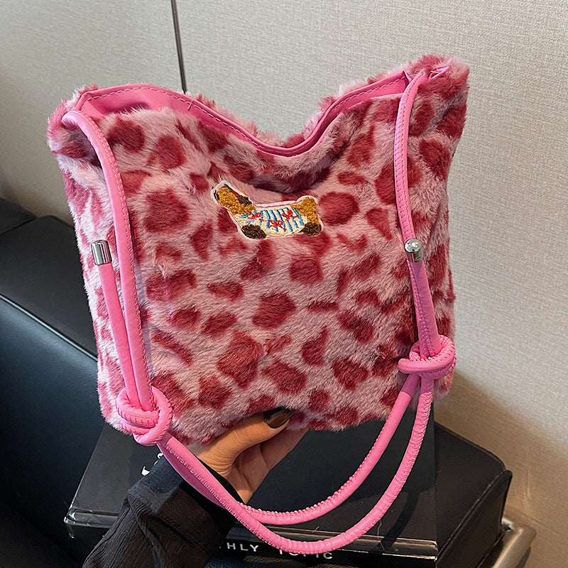 Sac à bandoulière en peluche léopard grande capacité pour femme 