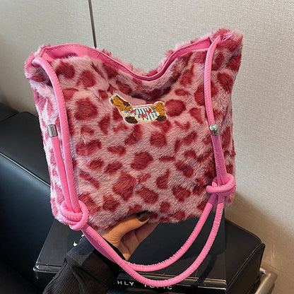 Sac à bandoulière en peluche léopard grande capacité pour femme 