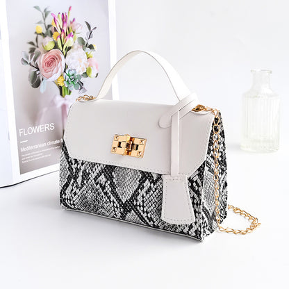 Women Vintage Flap Buckle Design Snake Pattern PU Crossbody Bag