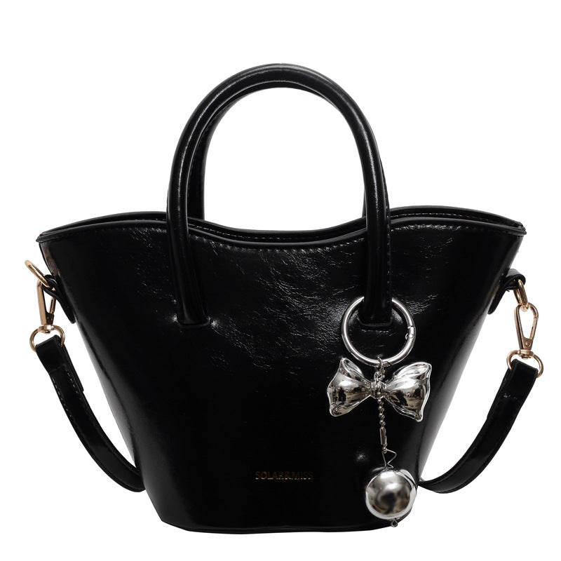 Women Fashionable Simple Bow Ball Pendant PU Handle Shoulder Bag