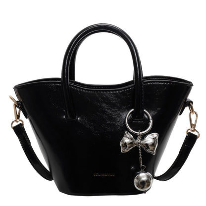 Women Fashionable Simple Bow Ball Pendant PU Handle Shoulder Bag