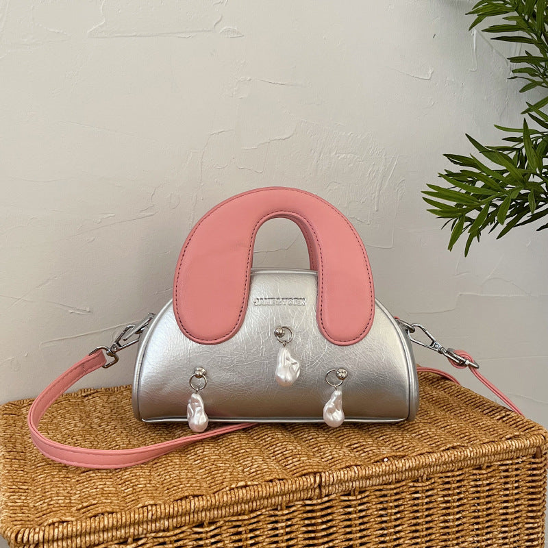 Women Fashion Contrast Color Pendant Saddle Handbag