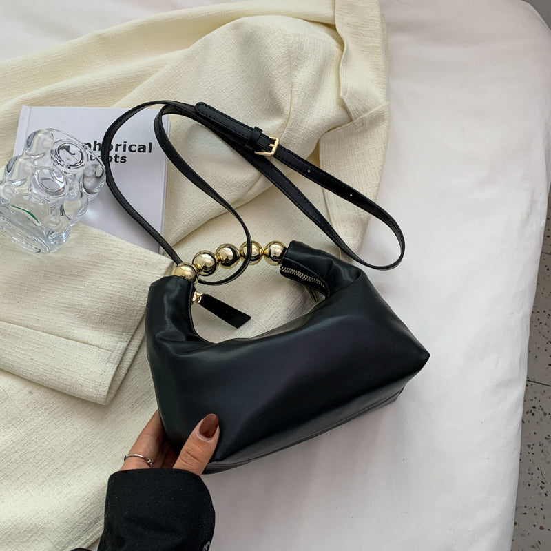 Women Chic Beaded Zipper Design Solid Color PU Handle Bag