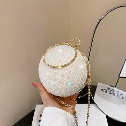 Women Fashion Elegant Round Sequin Hollow Handle Clip Chain Shoulder Evening Mini Bag