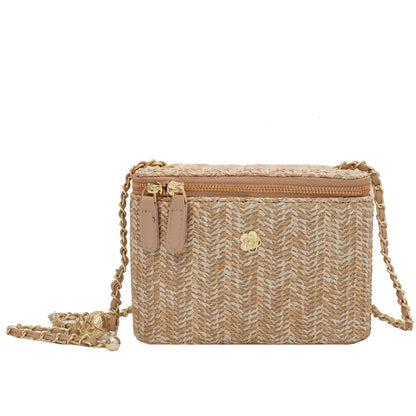 Women Fashion Simple Straw Woven Zipper Square Crossbody Bag