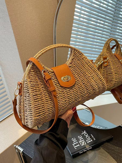 Sac à main en paille tissée de grande capacité pour les vacances et la plage 