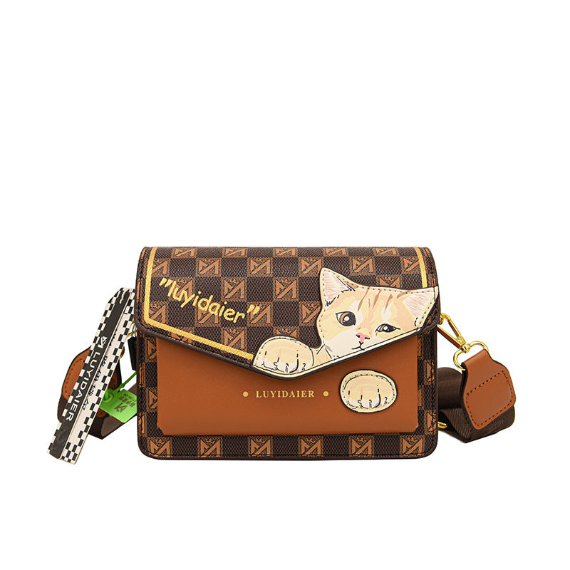 Women Fashion Cartoon Cat Print Flap Square Crossbody Bag