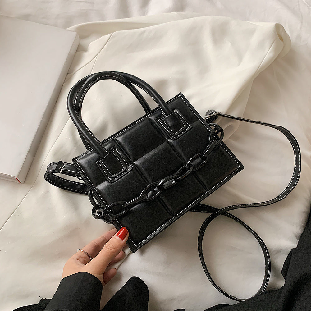 Women Fashion Chain Decorative Plaid Embossed Solid Color PU Crossbody Bag