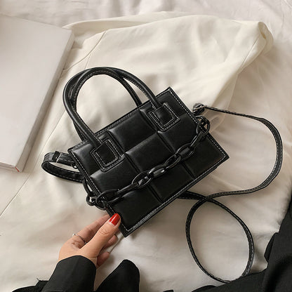 Women Fashion Chain Decorative Plaid Embossed Solid Color PU Crossbody Bag